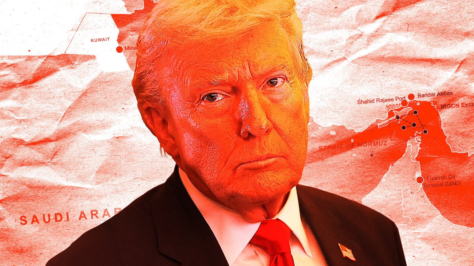 Donald Trump in front of a map of the Strait of Hormuz.