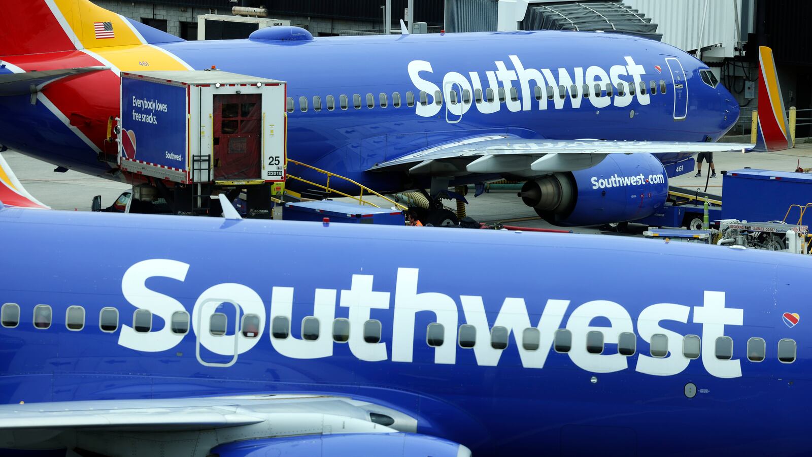 BALTIMORE, MARYLAND - OCTOBER 11: A Southwest Airlines airplane taxies from a gate at Baltimore Washington International Thurgood Marshall Airport on October 11, 2021 in Baltimore, Maryland. Southwest Airlines is working to catch up on a backlog after canceling hundreds of flights over the weekend, blaming air traffic control issues and weather. (Photo by Kevin Dietsch/Getty Images)