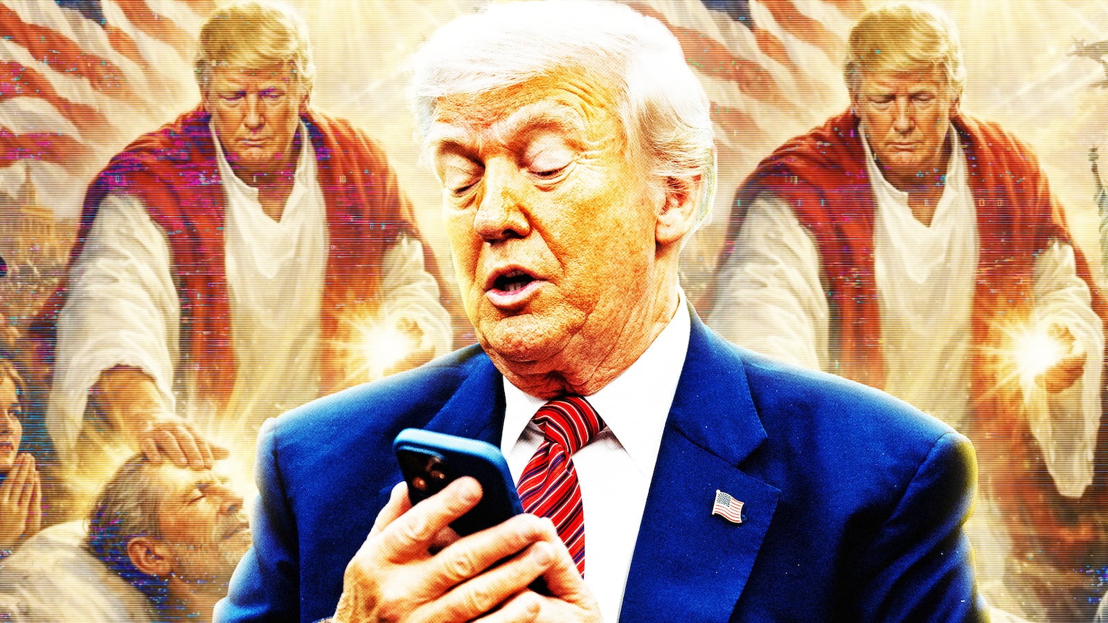 A photo illustration of Donald Trump and the AI generated image he shared on TruthSocial of Donald Trump as Jesus.