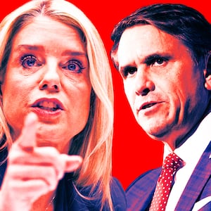 A photo illo illustration of Pam Bondi and Todd Blanche.