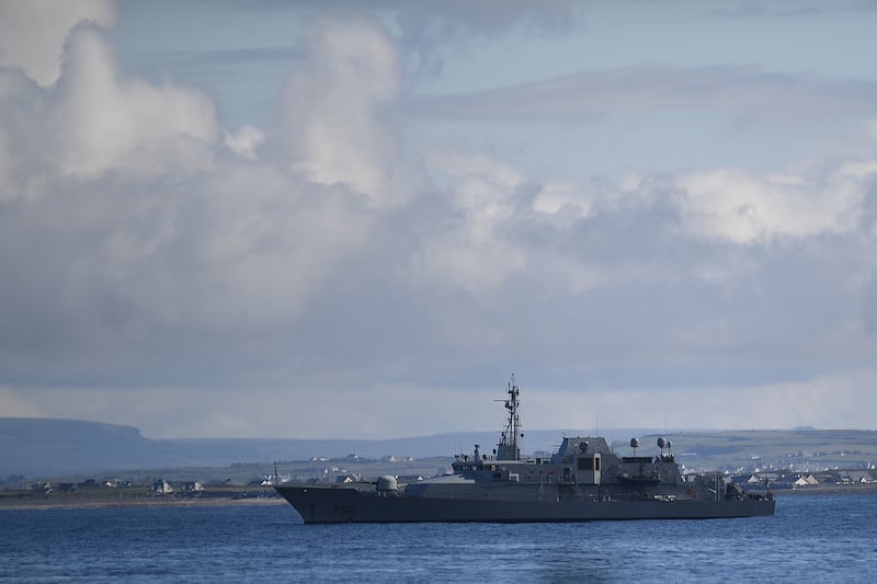 An Irish Navy ship guards the coastline where U.S. President Donald Trump's Doonbeg Golf course is located during his visit in the County Clare village of Doonbeg, Ireland, June 7, 2019. REUTERS/Clodagh Kilcoyne