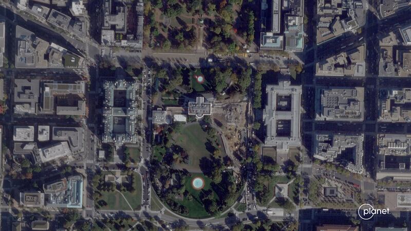 Satellite image showing the White House and the demolished East Wing on October 23, 2025