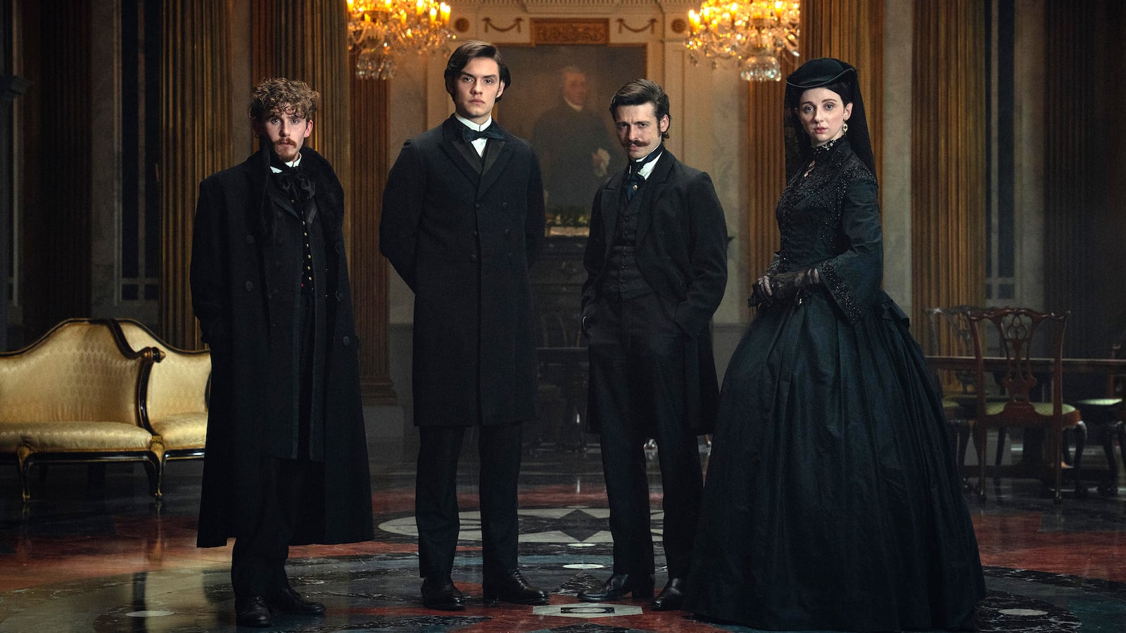 Emily Fairn, Fionn O'Shea, Anthony Boyle, and Louis Partridge in House of Guinness.