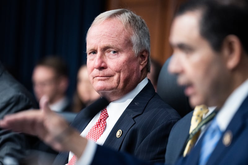 UNITED STATES - APRIL 10: Chairman David Joyce, R-Ohio, left, and ranking member Rep. Henry Cuellar, D-Texas, conduct the House Appropriations 
Subcommittee on Homeland Security hearing on the "Fiscal Year 2025 Request for the Department of Homeland Security," in Rayburn building on Wednesday, April 10, 2024. DHS Secretary Alejandro Mayorkas, testified. (Tom Williams/CQ-Roll Call, Inc via Getty Images)