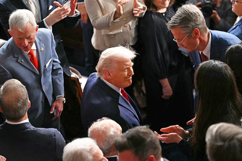 US President Donald Trump arrives to deliver his State of the Union address in the House Chamber of the US Capitol in Washington, DC, on Feb. 24, 2026.