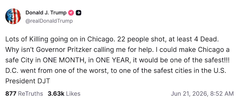 Donald Trump rants on Truth Social about Chicago crime.