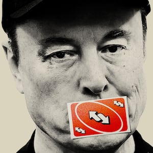 Elon Musk with Uno reverse card over mouth