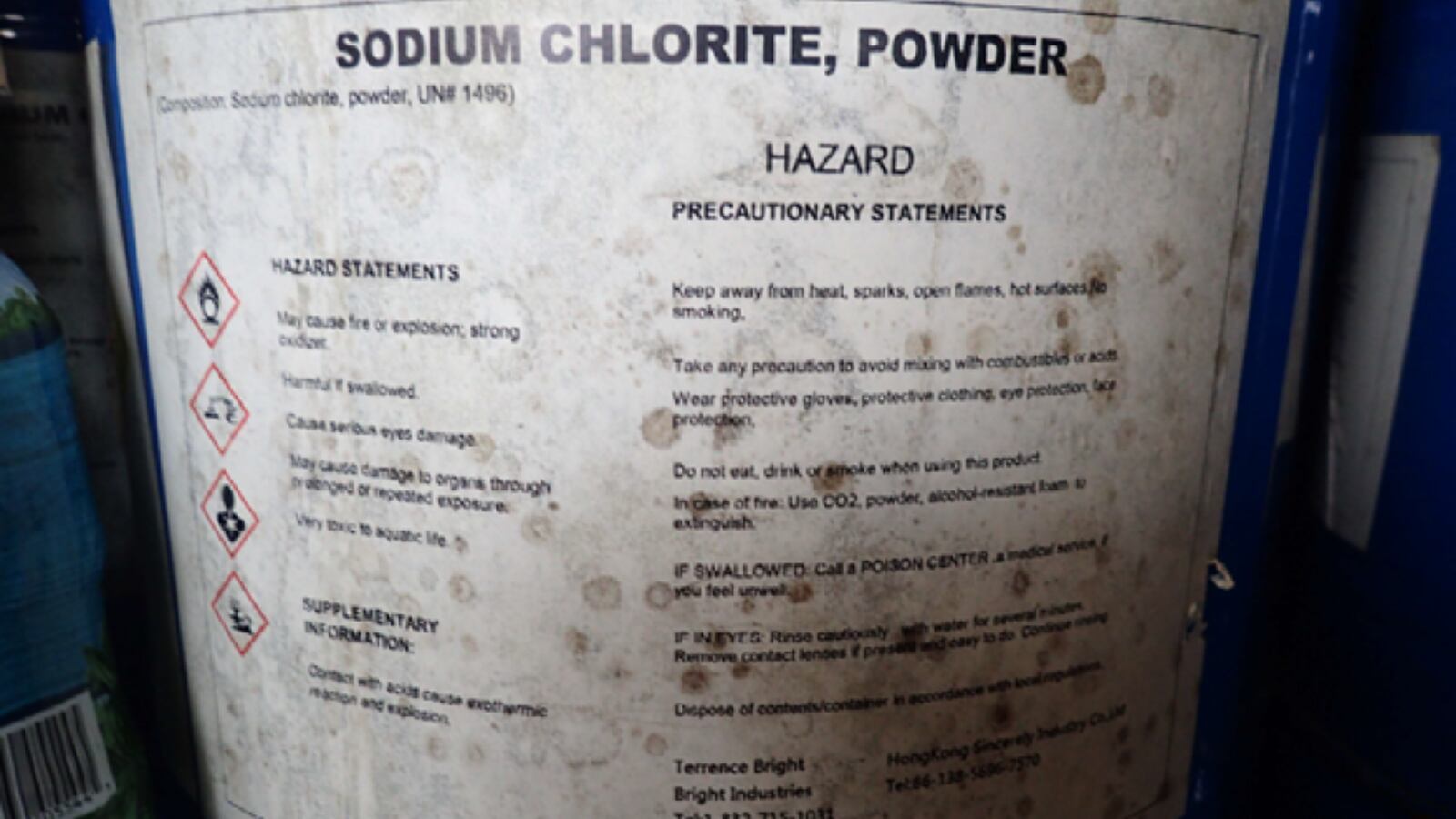 A vat of sodium chlorite, which the Grenons used to manufacture their Miracle Mineral Solution.