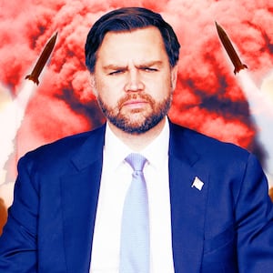 A photo illustration of JD Vance, an American HIMARS rocket, and explosions in Iran.