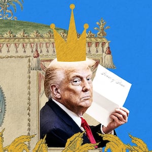 Donald Trump arrives in a palanquin as people raise their pens to sign onto his "Board of Peace"