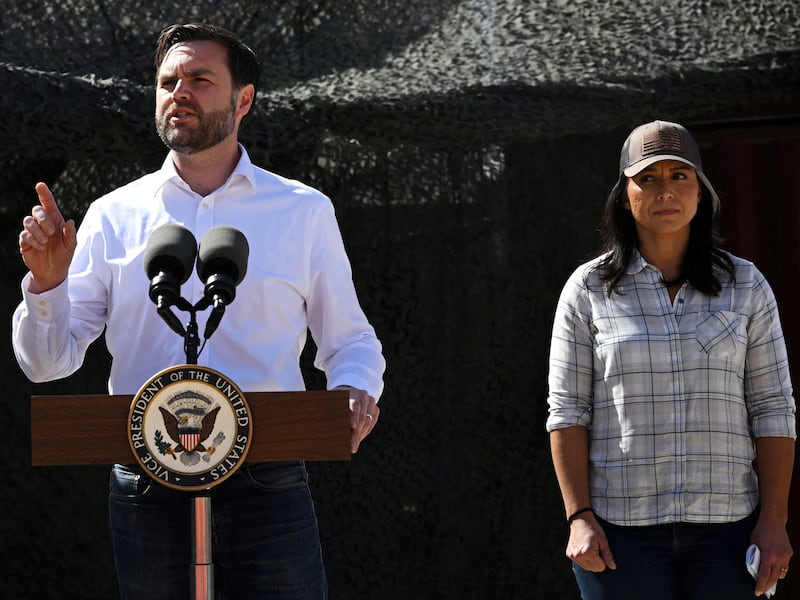 U.S. Vice President JD Vance speaks as Defense Secretary Pete Hegseth and Director of National Intelligence Tulsi Gabbard look on during a visit to the U.S.-Mexico border in Eagle Pass, Texas, U.S March 5, 2025. Brandon Bell/Pool via REUTERS