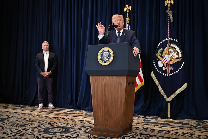 Special Envoy Steve Witkoff looks on as President Donald Trump speaks at a news conference at Trump National Doral Miami on March 9, 2026 in Doral, Florida, where the president said he had a good conversation with Russian President Vladimir Putin on Monday.