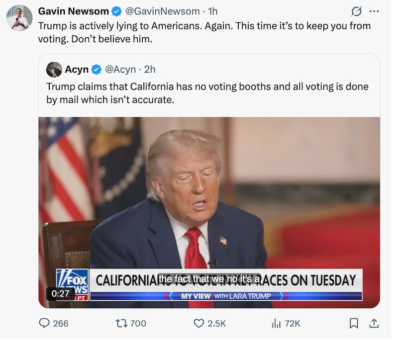 Gavin Newsom fires back at Donald Trump's lies about voting in California.