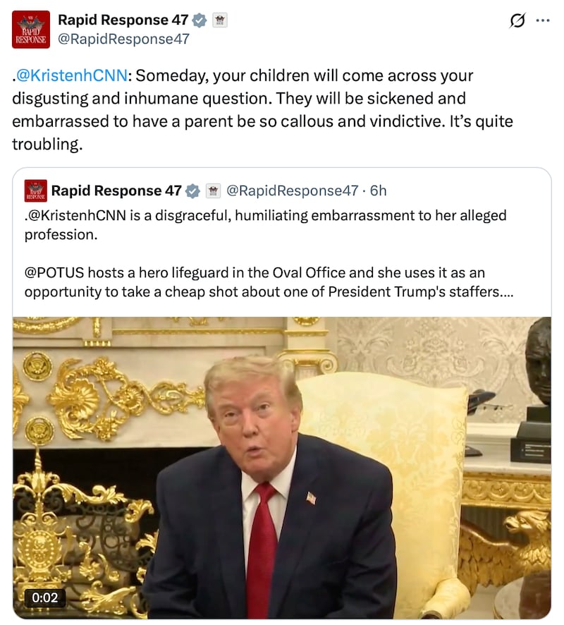 The White House's Rapid Response 47 account attacks Kristen Holmes on X.
