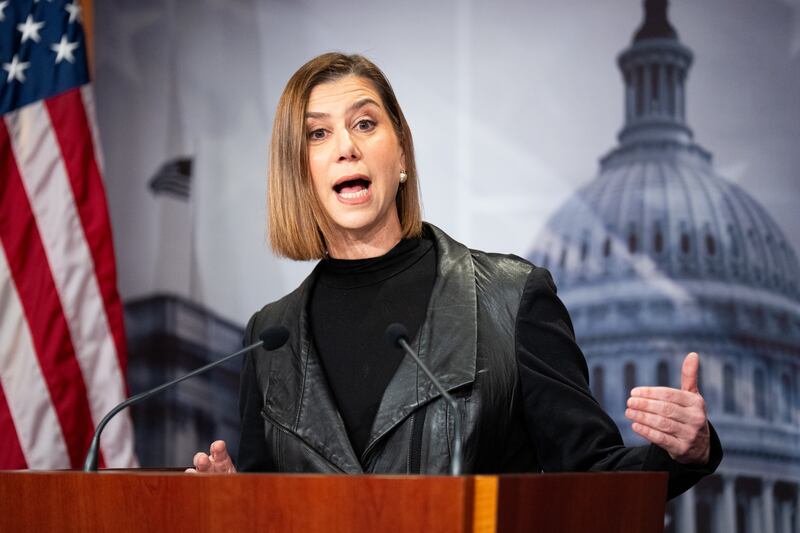 Sen. Elissa Slotkin, D-Mich., speaks during the press conference with Sen. Mark Kelly, D-Ariz., in the U.S. Capitol on Wednesday, February 11, 2026, about reports of the Department of Justice's failed grand jury indictment against them.