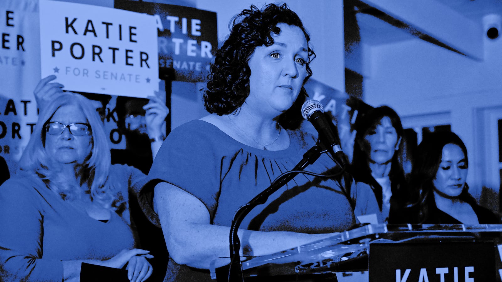 An illustration including a photo of Katie Porter