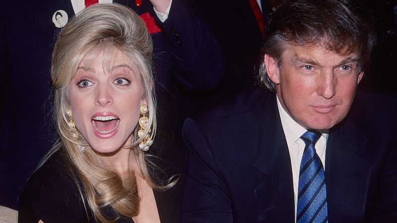 Marla Maples and Donald Trump attend Joey Adams' 80th birthday party at the Helmsley Hotel in New York City on January 7, 1991. (Photo by Sonia Moskowitz/Getty Images)
