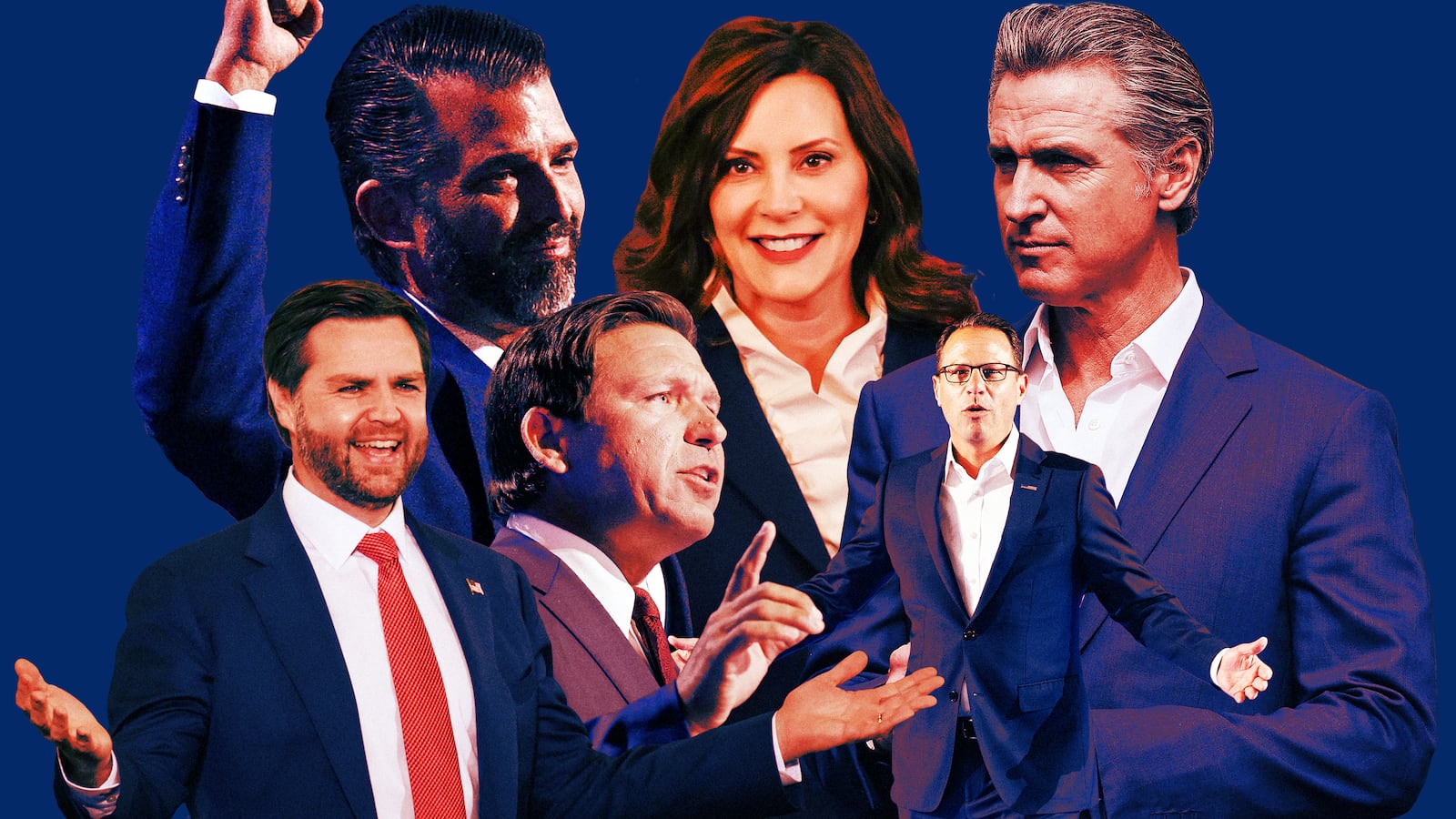 A photo illustration of JD Vance, DJT Jr., Gretchen Whitmer, Gavin Newsom, Ron DeSantis, and Josh Shapiro.