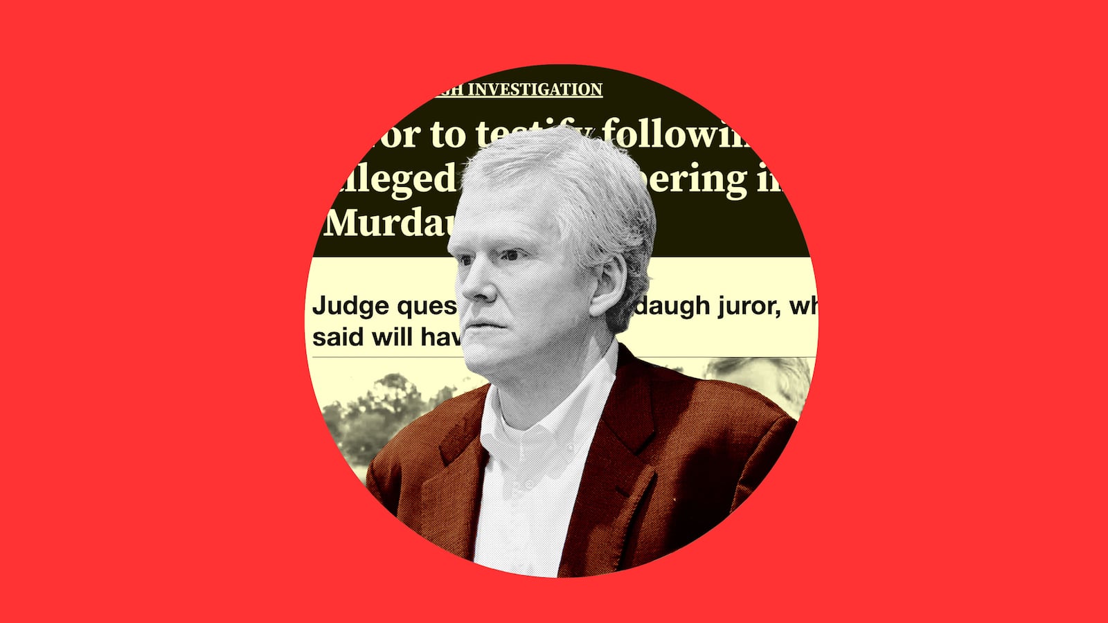 A photo illustration of Alex Murdaugh in a circle with headlines behind him.