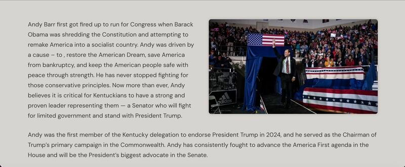 The copy on the old Meet Andy" section of Rep. Barr's website.