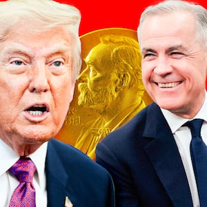A photo illustration of Donald Trump and Mark Carney and the Nobel Prize.