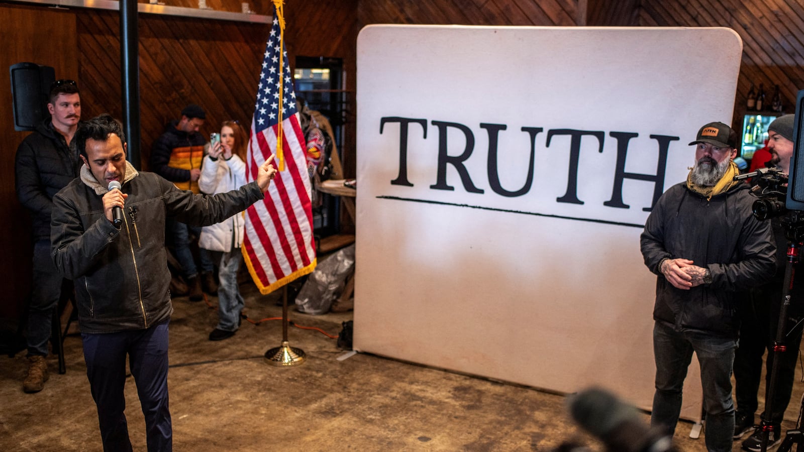 Republican presidential candidate and businessman Vivek Ramaswamy speaks during a campaign event at Sweet Caroline's Kitchen and Cocktails ahead of the Iowa caucus vote, in Ames, Iowa.