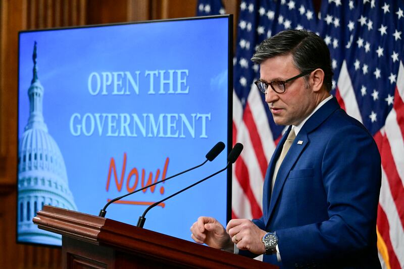 US Speaker of the House Mike Johnson speaks during a news conference at the US Capitol