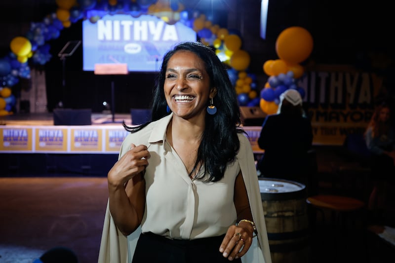 Los Angeles mayoral candidate Nithya Raman smiles during her election night party at Boomtown Brewery on June 2, 2026 in Los Angeles, CA.