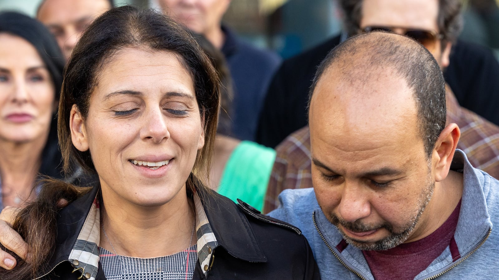 Karim and Nancy Iskander talk with media outside Van Nuys courtroom after verdict on Friday, Feb. 23, 2024 in Los Angeles, CA.