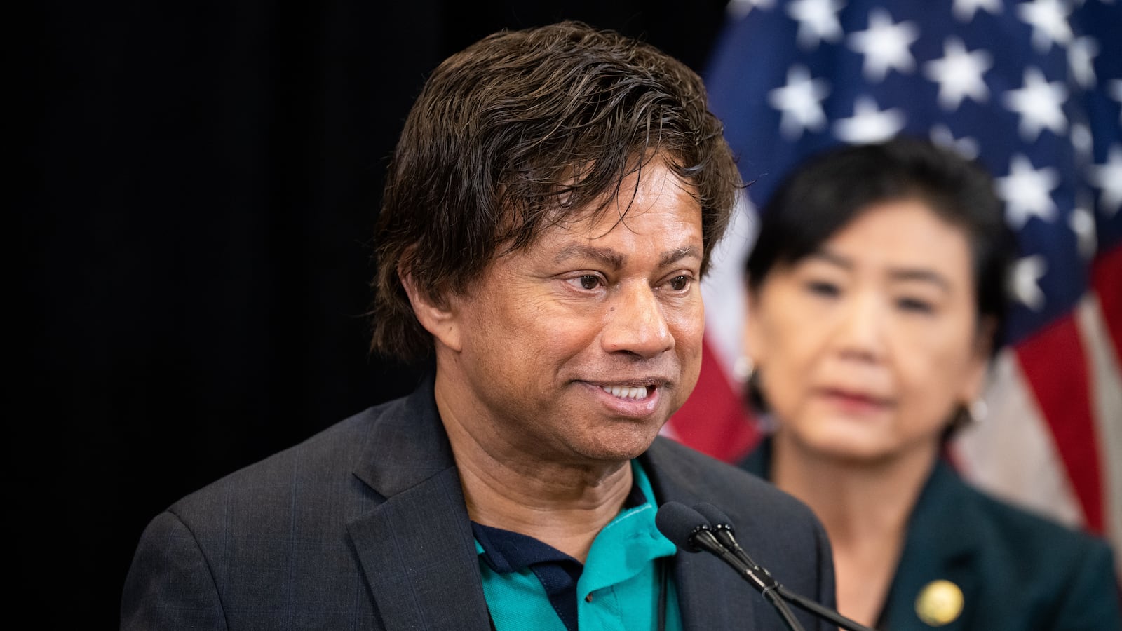 BALTIMORE - MARCH 2: Rep. Shri Thanedar, D-Mich., speaks during the Congressional Asian Pacific American Caucus news conference at the House Democrats 2023 Issues Conference in Baltimore, Md., on Thursday, March 2, 2023. (Bill Clark/CQ-Roll Call, Inc via Getty Images)