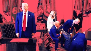 A photo illustration of President Donald Trump stands by as attendees help a guest after he collapsed during during an event on lowering drug prices in the Oval Office at the White House.