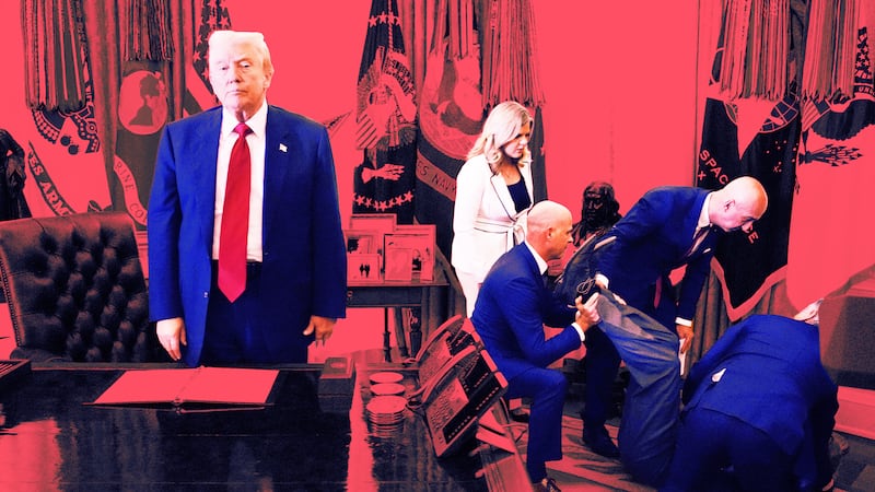 A photo illustration of President Donald Trump stands by as attendees help a guest after he collapsed during during an event on lowering drug prices in the Oval Office at the White House.