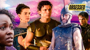 A photo illustration of Anne Hathaway, Robert Pattinson, Matt Damon, Tom Holland, and Lupita Nyong'o in The Odyssey.