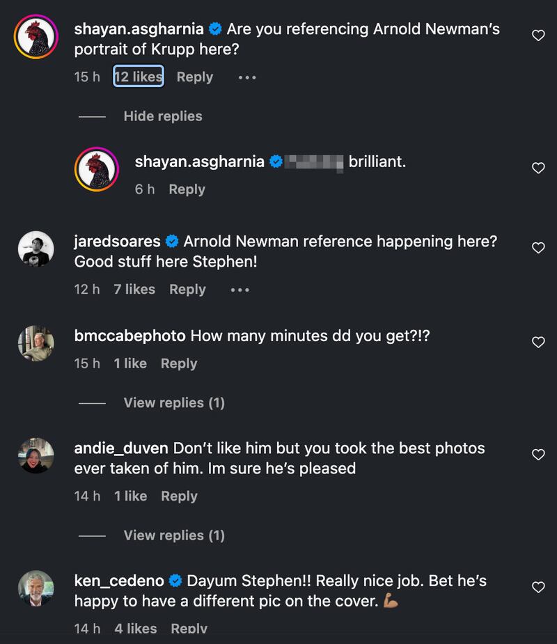 Screenshot of the comment section of Stephen Voss's Instagram post of his photograph on the cover of Donald Trump. Commenters compared the portrait of the president to one of Alfred Krupp taken by Arnold Newman
