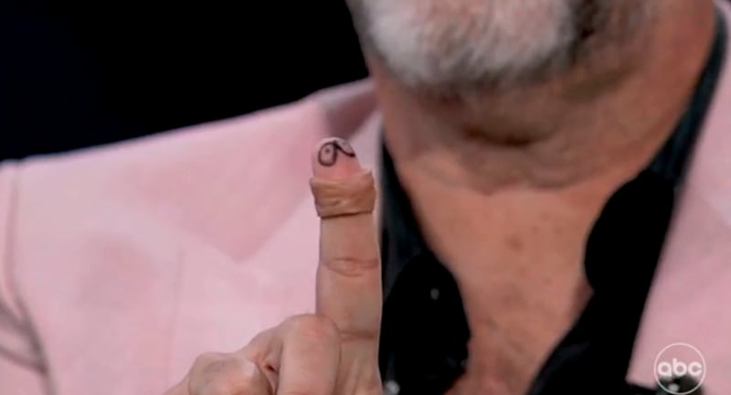 Jimmy Kimmel Live!, close-up of Trey Parker's hand showing off Trump penis prop.