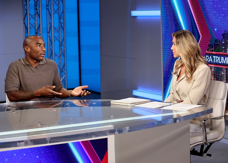 NEW YORK, NEW YORK - JULY 31: Charlamagne Tha God and host Lara Trump during an interview on "My View With Lara Trump" at Fox News Studios on July 31, 2025 in New York City. (Photo by Jamie McCarthy/Getty Images)