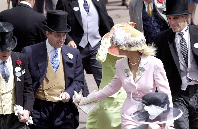 Jeffrey Epstein (far right) is pictured with Prince Andrew (left) and other guests at at the Royal Ascot horse racing festival on June 22, 2000.