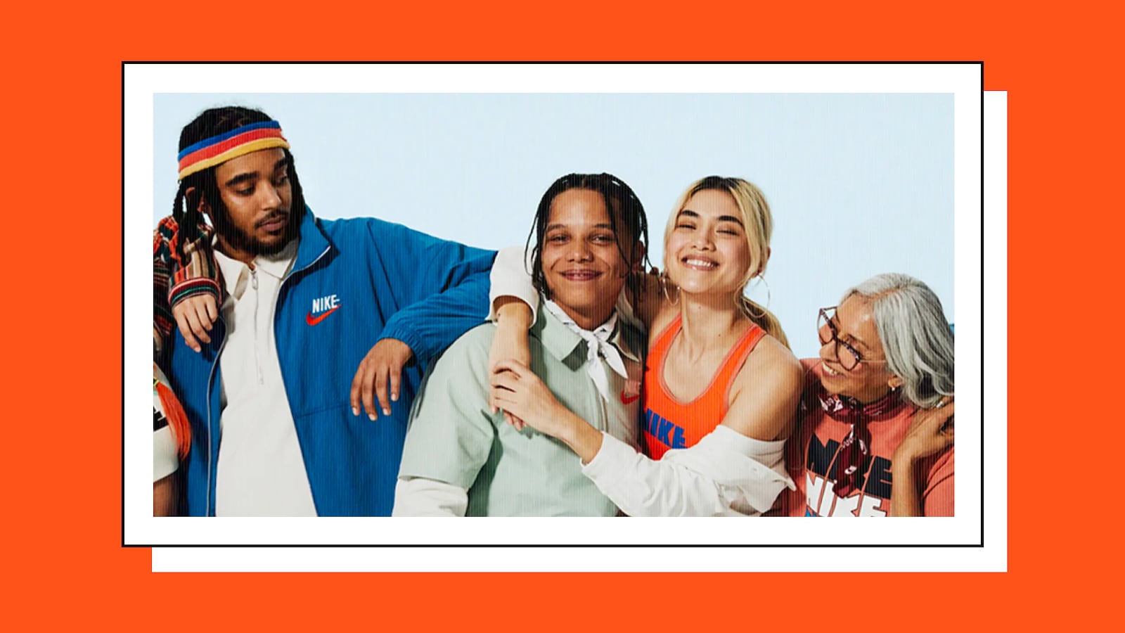 A group of people with Nike apparel on a light blue background.