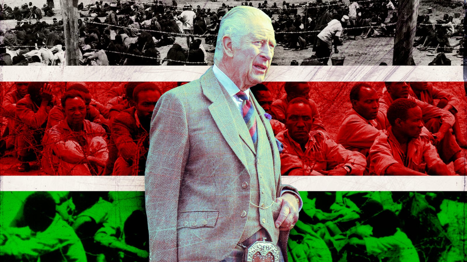 A photo illustration of King Charles and images from the Mau Mau Rebellion in Kenya.