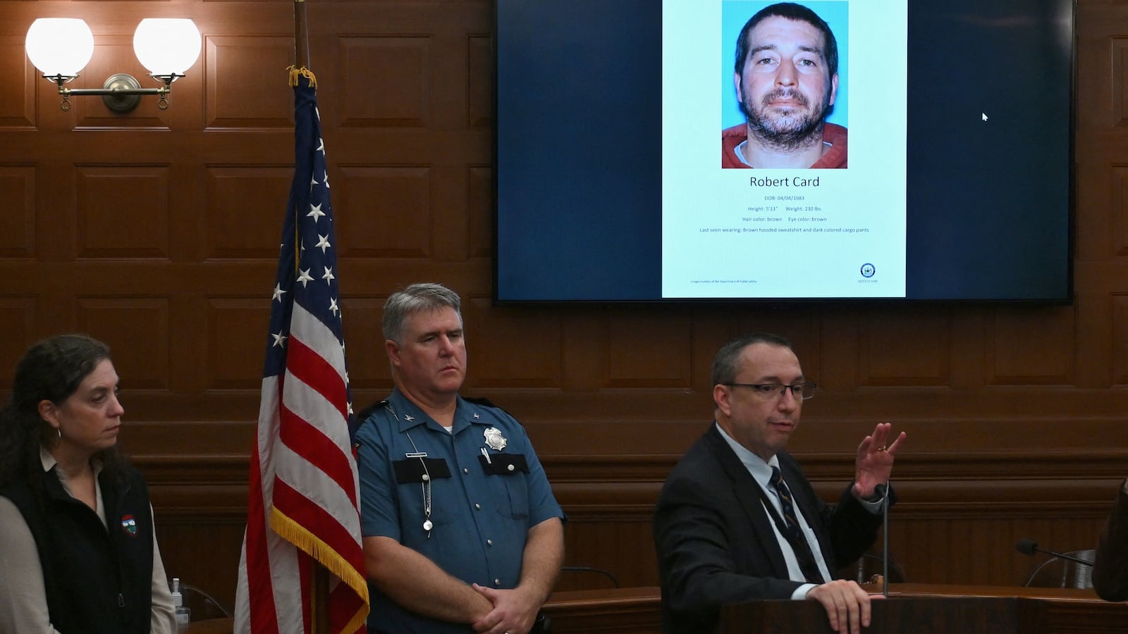 Maine Department of Public Safety Commissioner Mike Sauschuck speaks to the press during a press conference at Lewiston City Hall.
