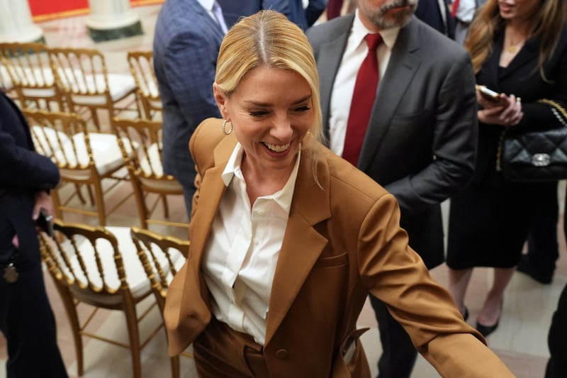Attorney General Pam Bondi departs after President Donald Trump spoke about the Iran war from the Cross Hall of the White House on Wednesday, April 1, 2026, in Washington.     Alex Brandon/Pool via REUTERS
