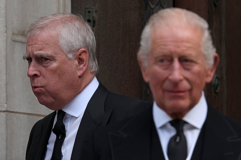 Britain's Prince Andrew, Duke of York (L) and Britain's King Charles III leave following a Requiem Mass, a Catholic funeral service, for the late Katharine, Duchess of Kent, at Westminster Cathedral in London on September 16, 2025.