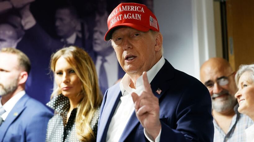 Republican presidential nominee former President Donald Trump thanks his staff at his campaign headquarters on Election Day, November 05, 2024 in West Palm Beach, Florida. Trump and his wife Melania Trump cast their votes at a polling place in the Morton and Barbara Mandel Recreation Center earlier in the day.