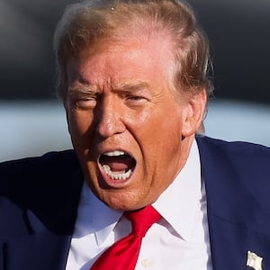 Donald Trump shouts during a campaign event in Freeland, Michigan, U.S. May 1, 2024.
