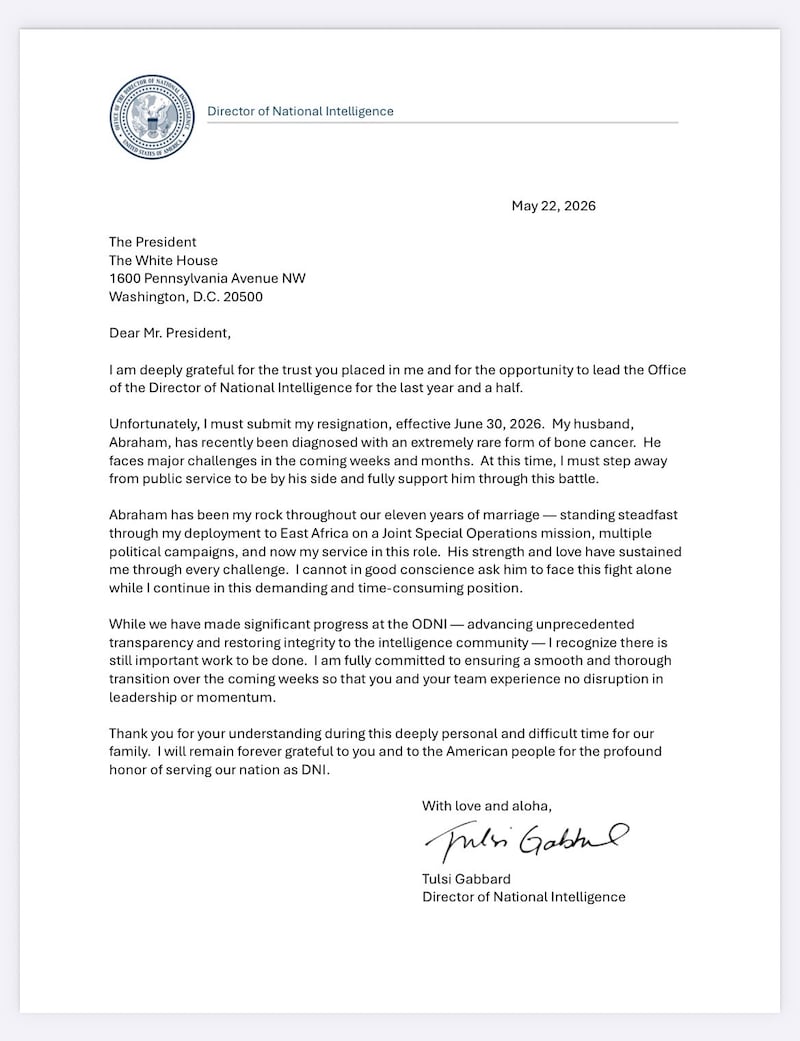 Tulsi Gabbard's resignation letter.