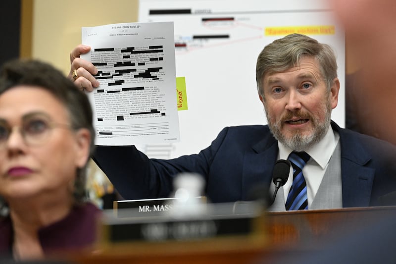 US Representatives Thomas Massie, Republican from Kentucky, questions US Attorney General Pam Bondi before a House Judiciary Committee hearing on "Oversight of the Department of Justice" on Capitol Hill in Washington, DC, on February 11, 2026. (Photo by ROBERTO SCHMIDT / AFP via Getty Images)