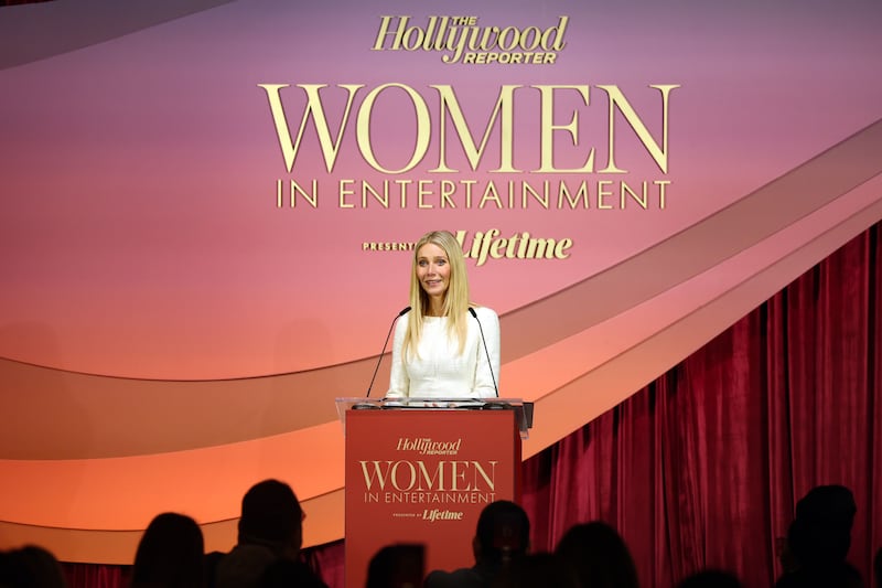 BEVERLY HILLS, CALIFORNIA - DECEMBER 03: Honoree Gwyneth Paltrow accepts the Sherry Lansing Leadership Award onstage during the Hollywood Reporter Women In Entertainment Presented By Lifetime at The Beverly Hills Hotel on December 03, 2025 in Beverly Hills, California. (Photo by Phillip Faraone/The Hollywood Reporter via Getty Images)