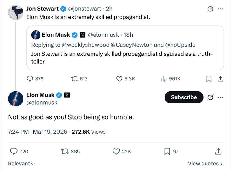 Musk and Stewart called each other propagandists after Stewart criticized his fixation on undocumented voting harming the democratic process.