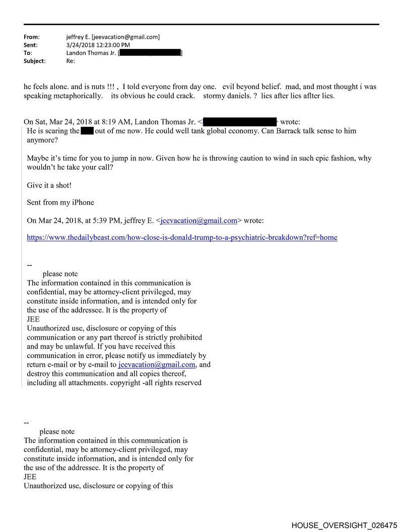 The email sent by Jeffrey Epstein to then-New York Times reporter Landon Thomas Jr., in which he described him as "evil beyond belief," "mad," and "nuts."