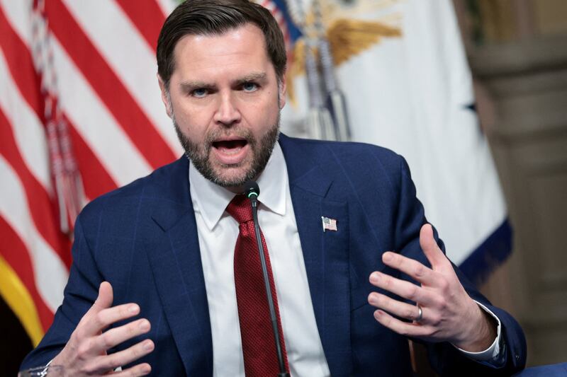 Vice President J.D. Vance convenes the first meeting of U.S. President Donald Trump's anti-fraud task force at the Eisenhower Executive Office Building on the White House campus in Washington, D.C., U.S., March 27, 2026.
